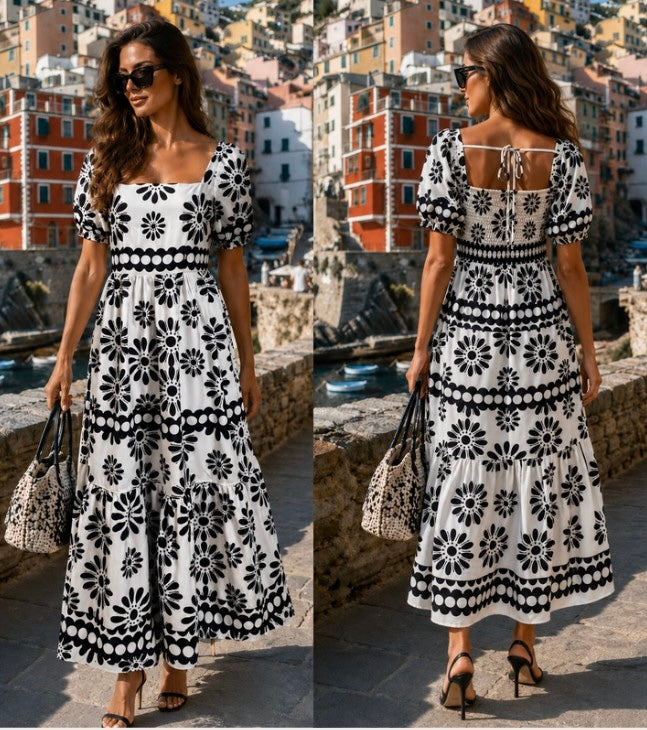 Black & White Floral Square Neck Midi Dress