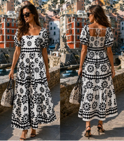 Black & White Floral Square Neck Midi Dress