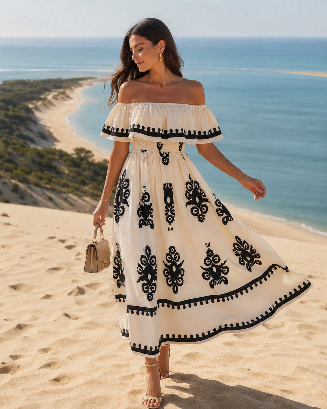 Ivory & Black Off-shoulder Maxi Dress