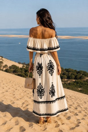 Ivory & Black Off-shoulder Maxi Dress