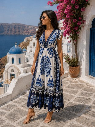 Navy & Cream Boho Print Midi Dress