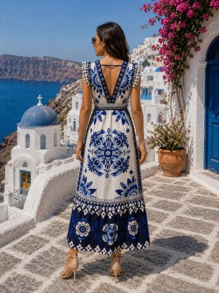Navy & Cream Boho Print Midi Dress