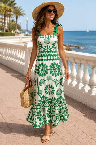 Green & Cream Floral Tie-strap Maxi Dress