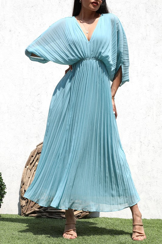 PLEATED V NECK WOVEN LONG DRESS