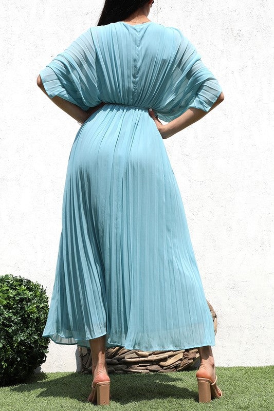 PLEATED V NECK WOVEN LONG DRESS