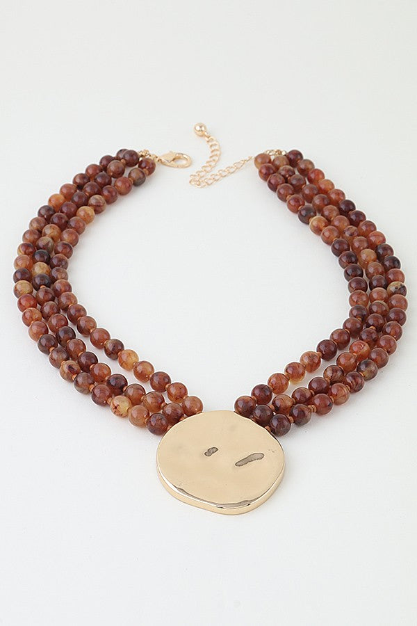 Hammered Disc Triple Beaded Necklace
