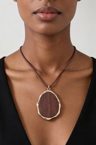 Metal Frame Wooden Pendant Cord Necklace