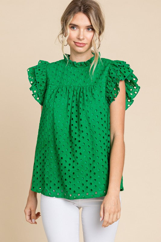 Eyelet Layer Ruffled Shoulder Top