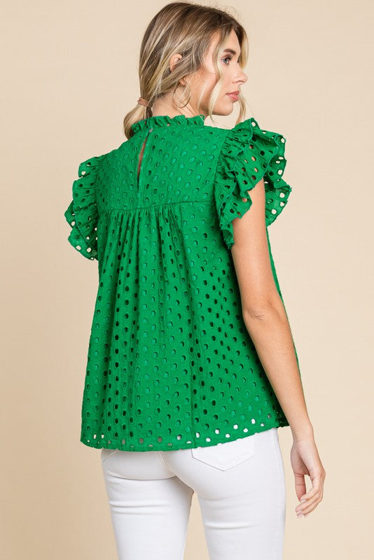 Eyelet Layer Ruffled Shoulder Top