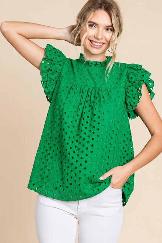 Eyelet Layer Ruffled Shoulder Top