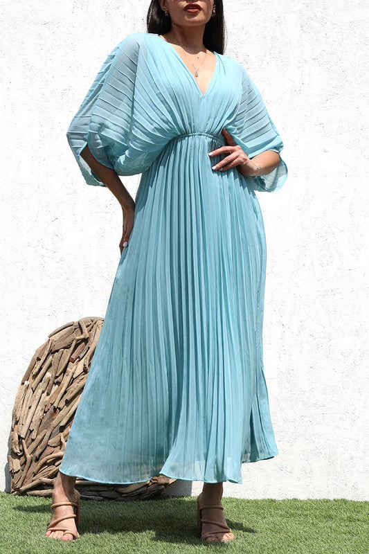 PLEATED V NECK WOVEN LONG DRESS