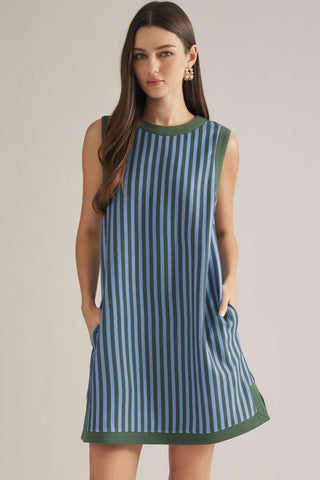 Stripe sleeveless mini dress featuring contrast trim