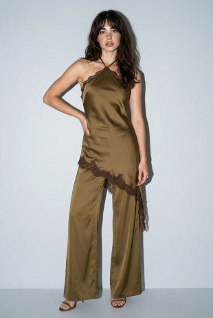 Contrast Lace Trim Satin Halter Jumpsuit