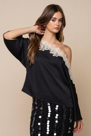 Lace Trim Contrast Of Shoulders Satin Top