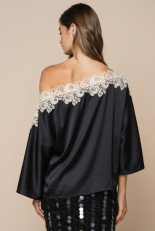 Lace Trim Contrast Of Shoulders Satin Top