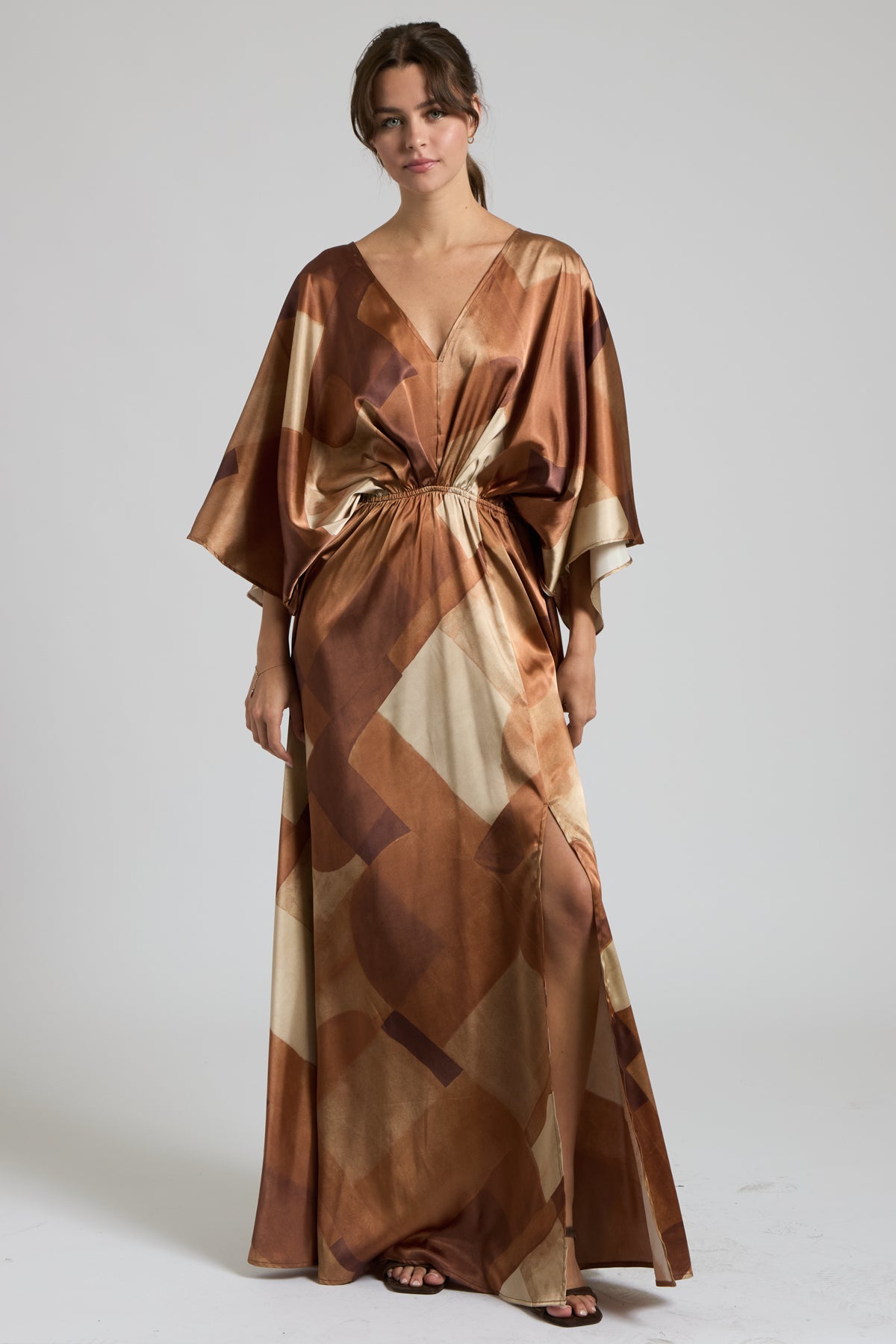 SATIN KIMONO SLEEVE ABSTRACT MAXI DRESS