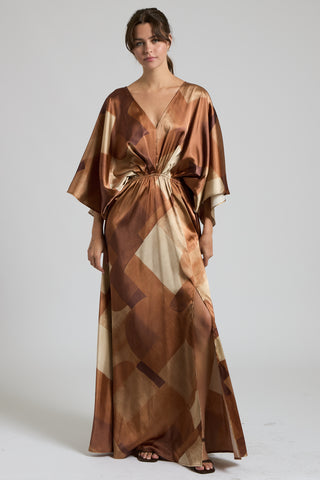SATIN KIMONO SLEEVE ABSTRACT MAXI DRESS