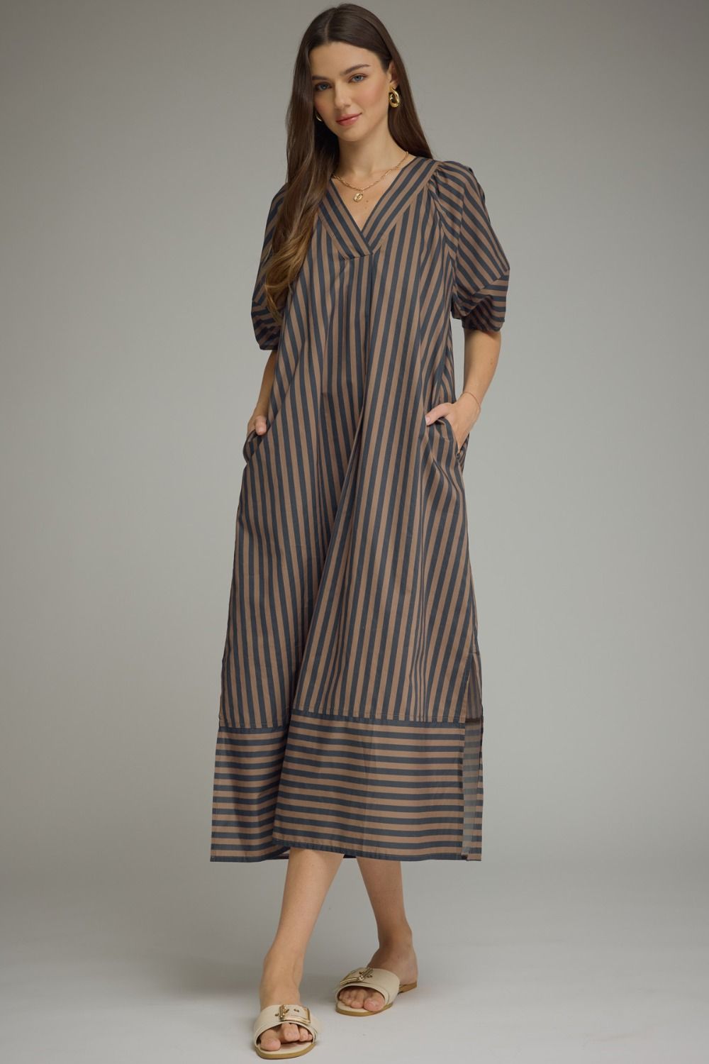 Stripe short sleeve midi dress