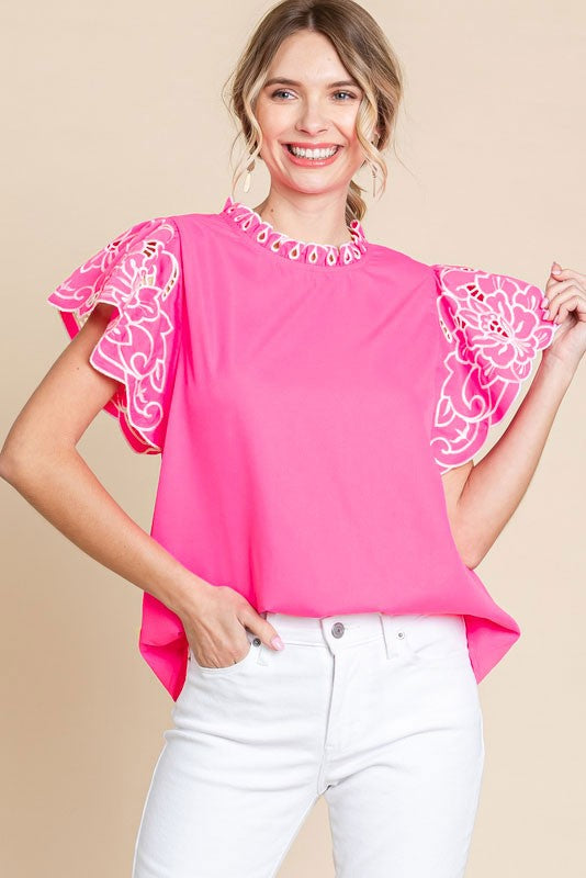 Solid Embriodery Cap Sleeves Top