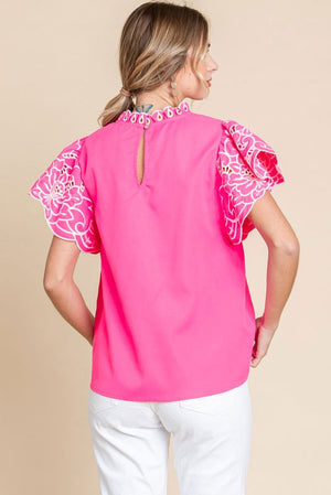 Solid Embriodery Cap Sleeves Top