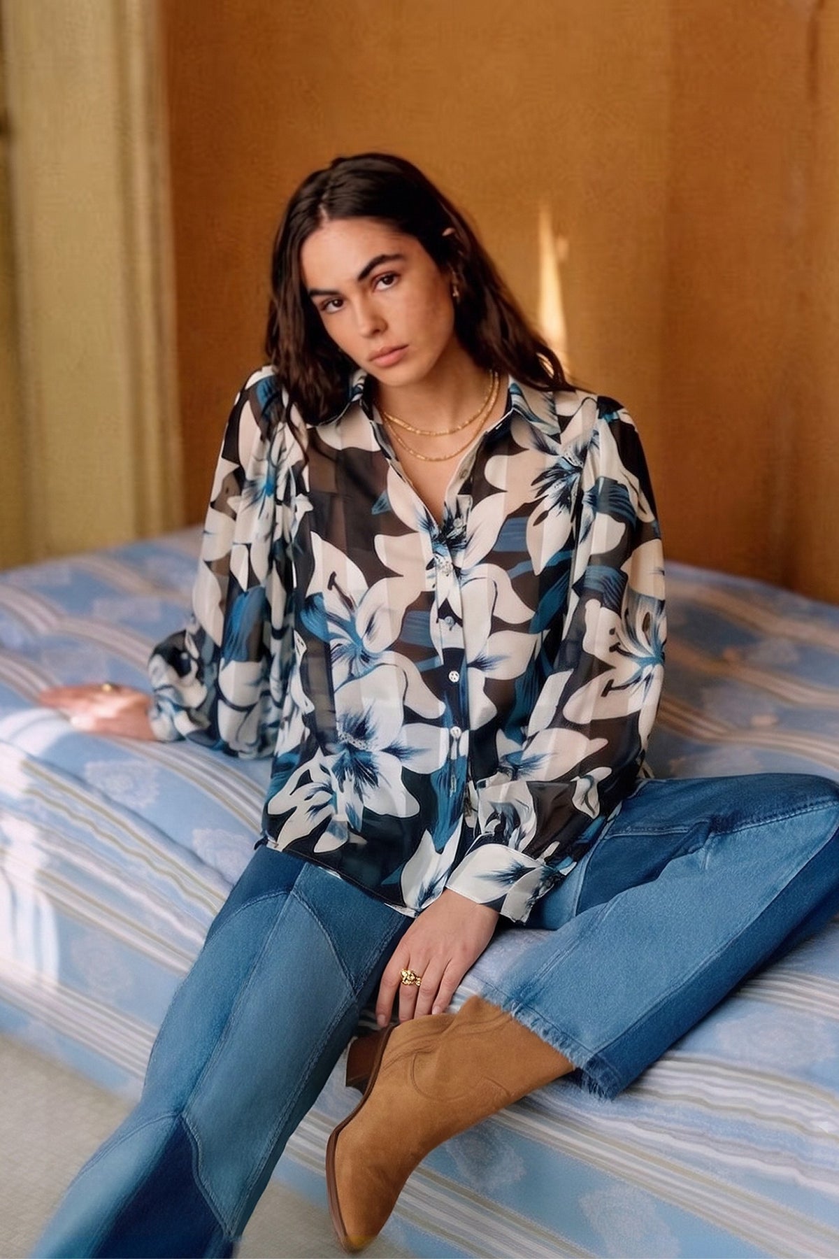Collar Neck Button Down Floral Print Shirt