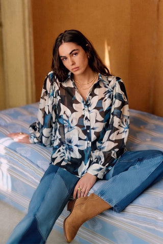 Collar Neck Button Down Floral Print Shirt