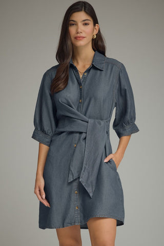 Solid ¾ sleeve denim mini dress featuring self-tie waist detail