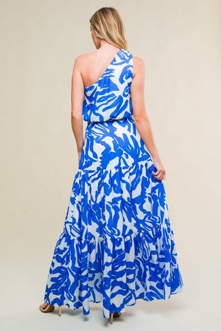 One Shoulder Top and Tiered Maxi Skirt Print Set