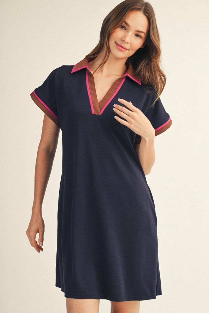 Drop shoulder solid casual dress with contrast accent