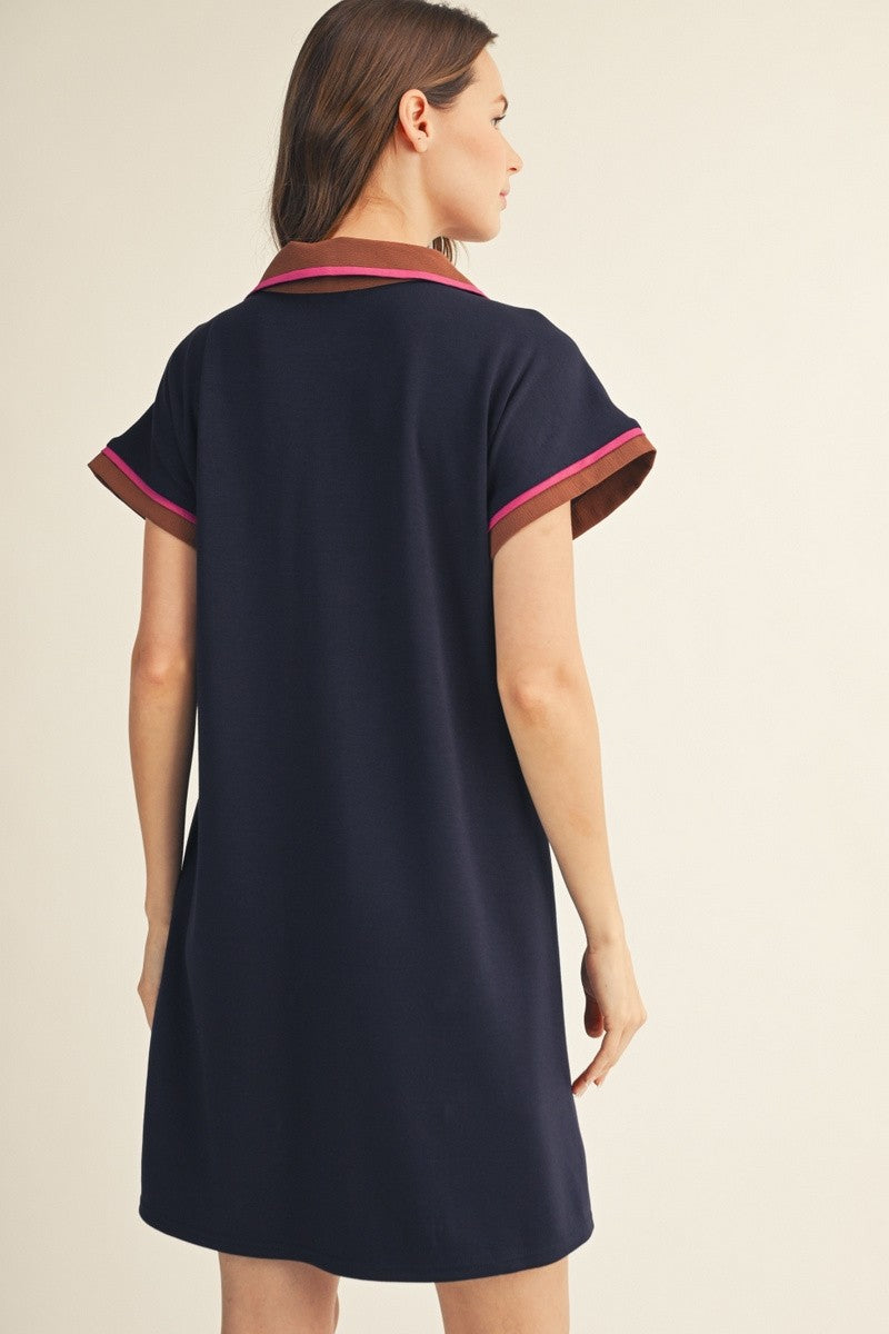 Drop shoulder solid casual dress with contrast accent