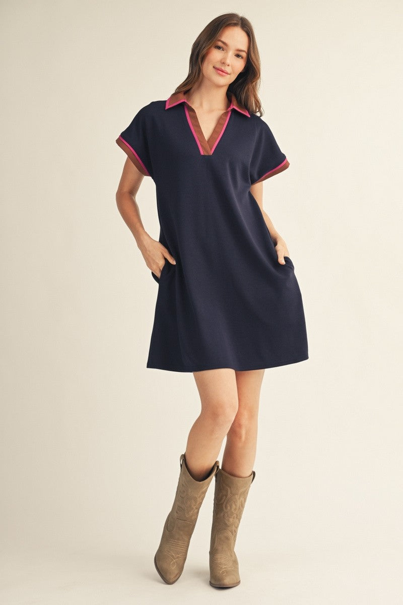 Drop shoulder solid casual dress with contrast accent