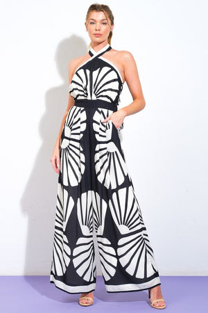 Halter Neck Back Tie Wide Leg Woven Print Jumpsuit