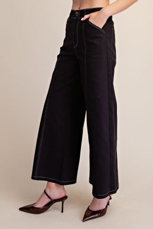 High Rise Stitch Seamed Stretch Wide Leg Pants