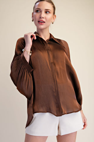 Metallic Oversized Button Down Long Sleeve Shirt Blouse
