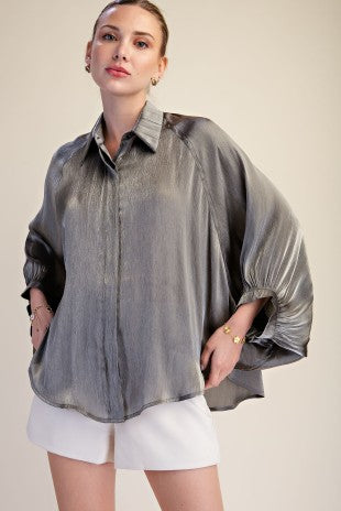 Metallic Oversized Button Down Long Sleeve Shirt Blouse