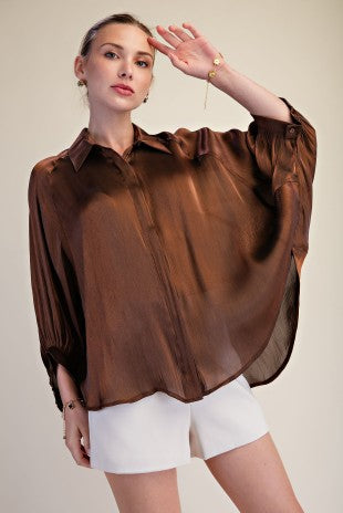 Metallic Oversized Button Down Long Sleeve Shirt Blouse