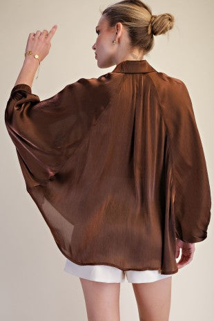 Metallic Oversized Button Down Long Sleeve Shirt Blouse