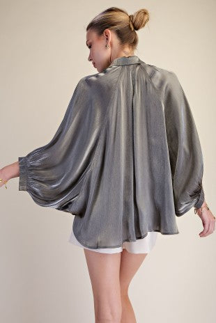 Metallic Oversized Button Down Long Sleeve Shirt Blouse