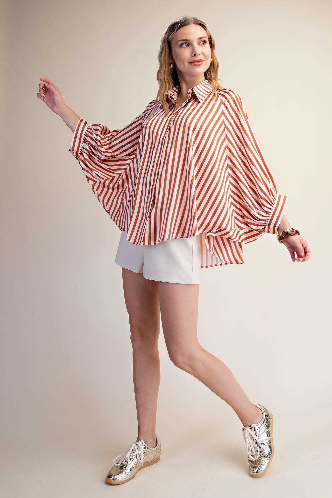 Stripe Wide Puff Sleeve Buttondown Shirt