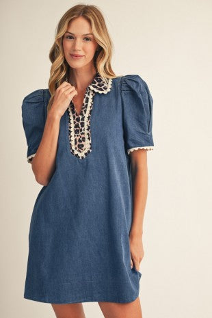 Puff shoulder short sleeves washed denim dress