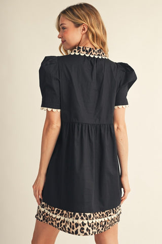 Puff shoulder short sleeves notched v neck dress