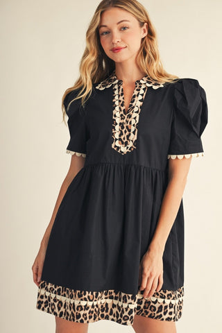 Puff shoulder short sleeves notched v neck dress