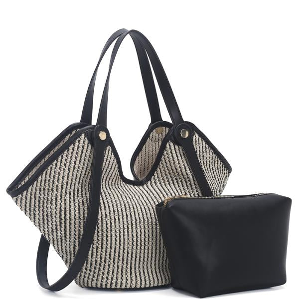 2In1 Woven Texture Stripe Design Handle Tote Bag W Zipper Pouch Set