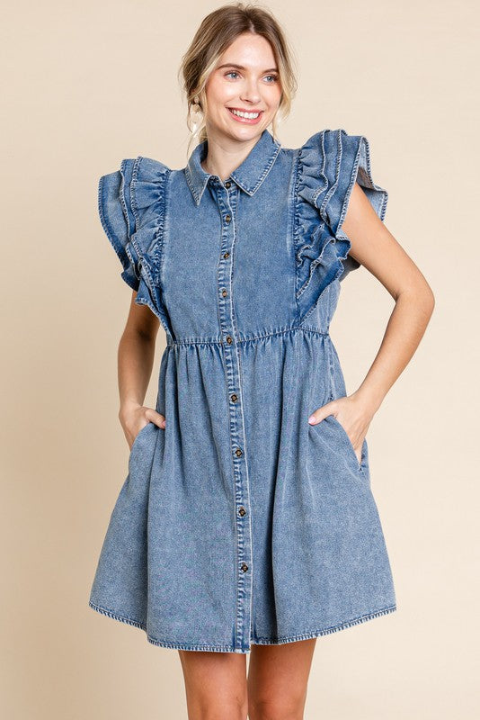 Denim Baby Doll Dress with Pockets