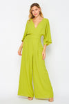 Women Woven Solid 3/4 Sleeve V- Neck Jumpsuit with Pocket