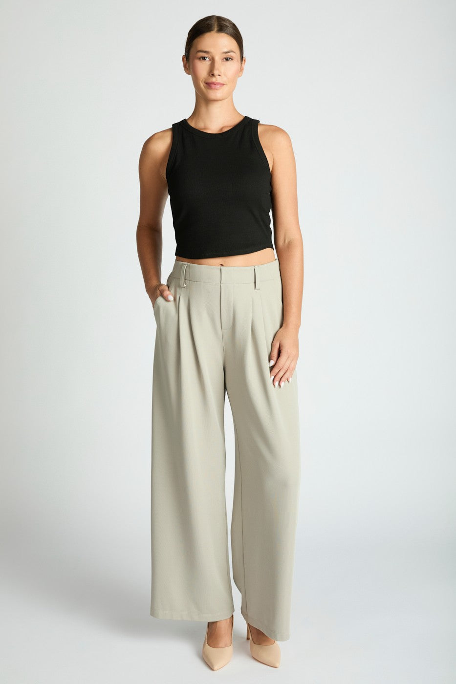 Wide Leg Micro Waffle Textured Pleated Trousers