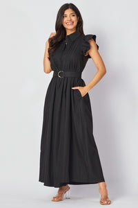 Women Woven Solid Ruffled Sleeve Button Down Maxi Dress