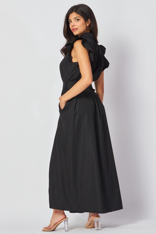 Women Woven Solid Ruffled Sleeve Button Down Maxi Dress