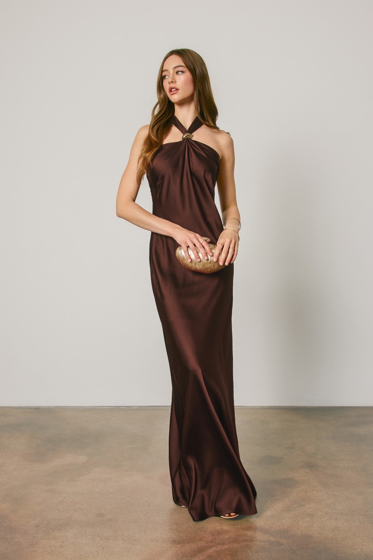Satin Gold Trim Halter Maxi Dress