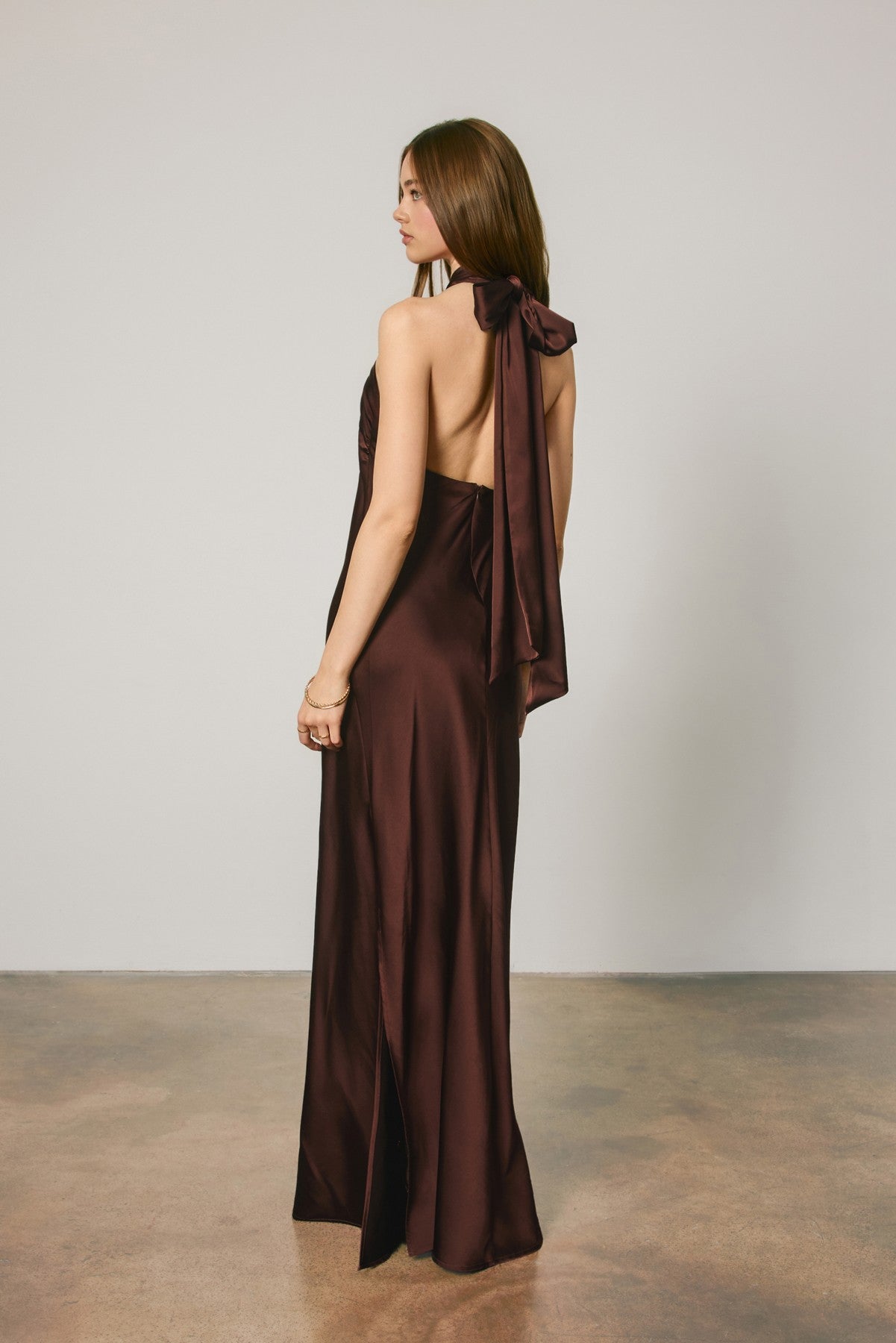 Satin Gold Trim Halter Maxi Dress